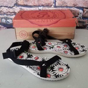 Hacky Black T Strap Black White Floral Sandals